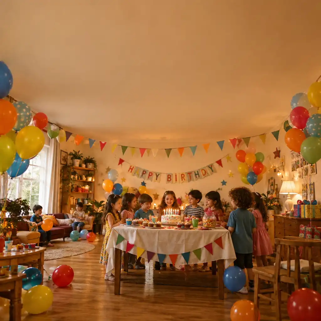 Fête d'anniversaire festive avec ballons et table de gâteau
