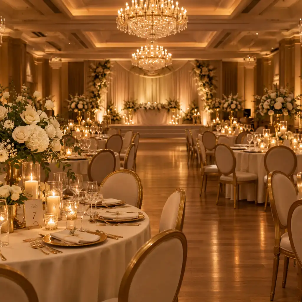 Salle de réception élégante avec fleurs blanches et éclairage tamisé