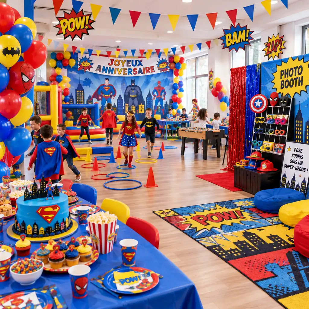 Fête d'anniversaire d'enfant sur le thème des super-héros avec ballons colorés et espace photo