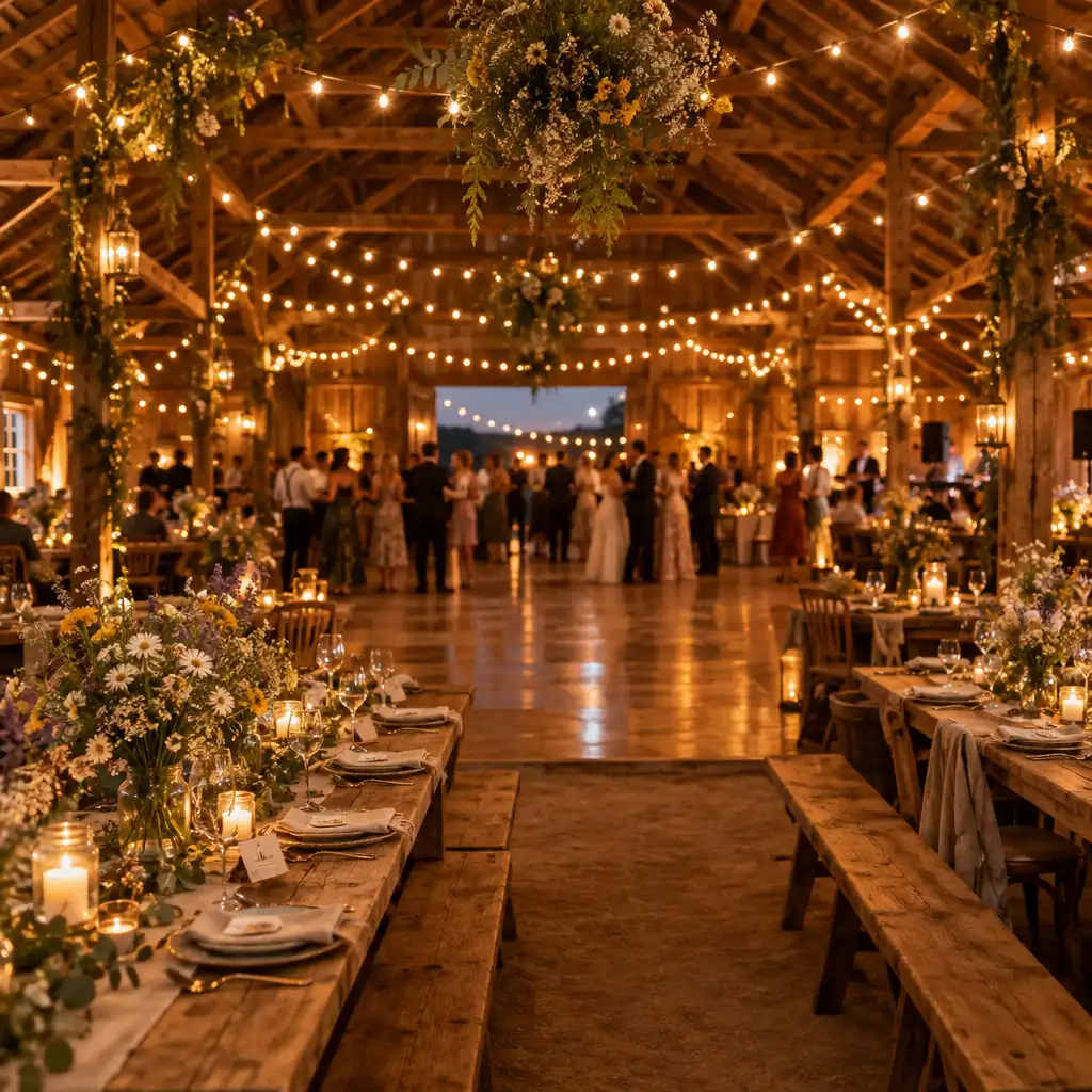 Réception de mariage champêtre avec guirlandes lumineuses