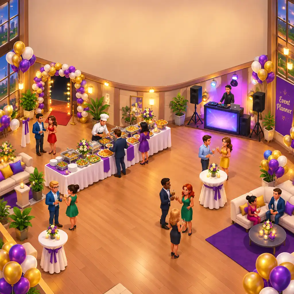 Écran de planification d'une fête dans Event Planner avec thème, lieu et décoration