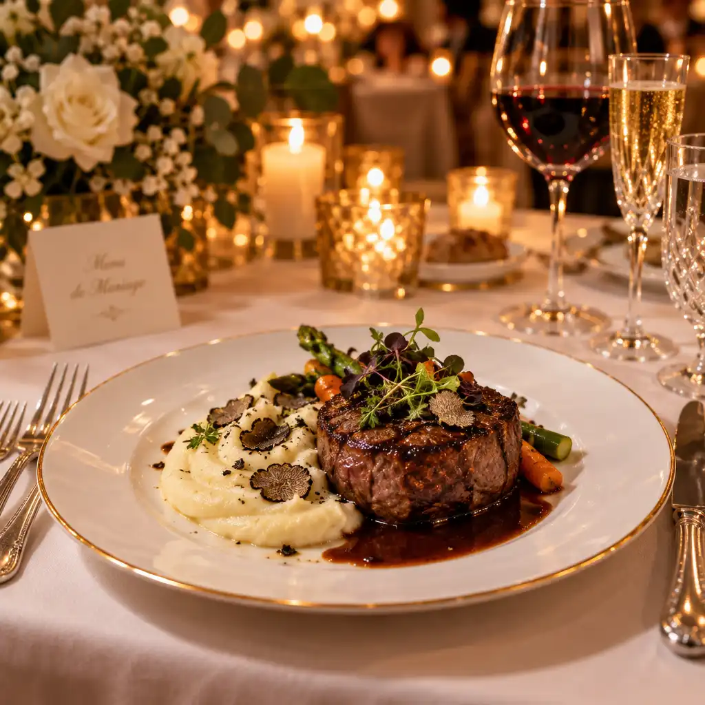 Réception de mariage élégante dans Event Planner avec tables dressées et éclairage chaleureux