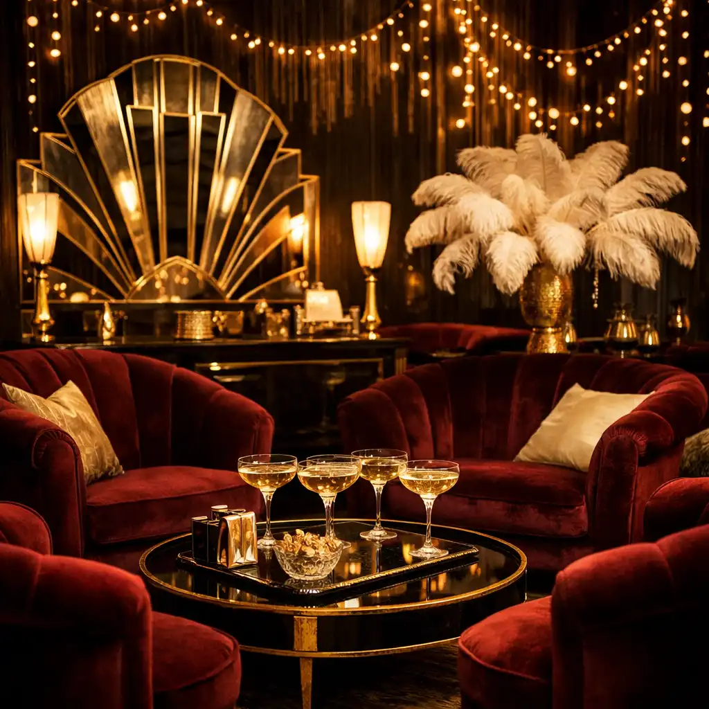 Coin lounge années folles avec fauteuils en velours, guirlandes dorées et éléments Art déco