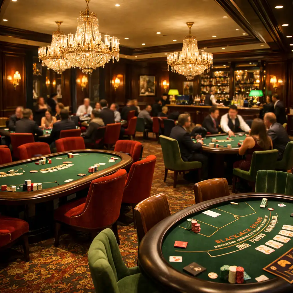 Salle de réception transformée en casino privé avec tables de poker et éclairage tamisé