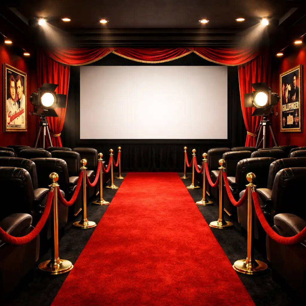 Espace transformé en salle de cinéma privée avec tapis rouge, écran et projecteurs