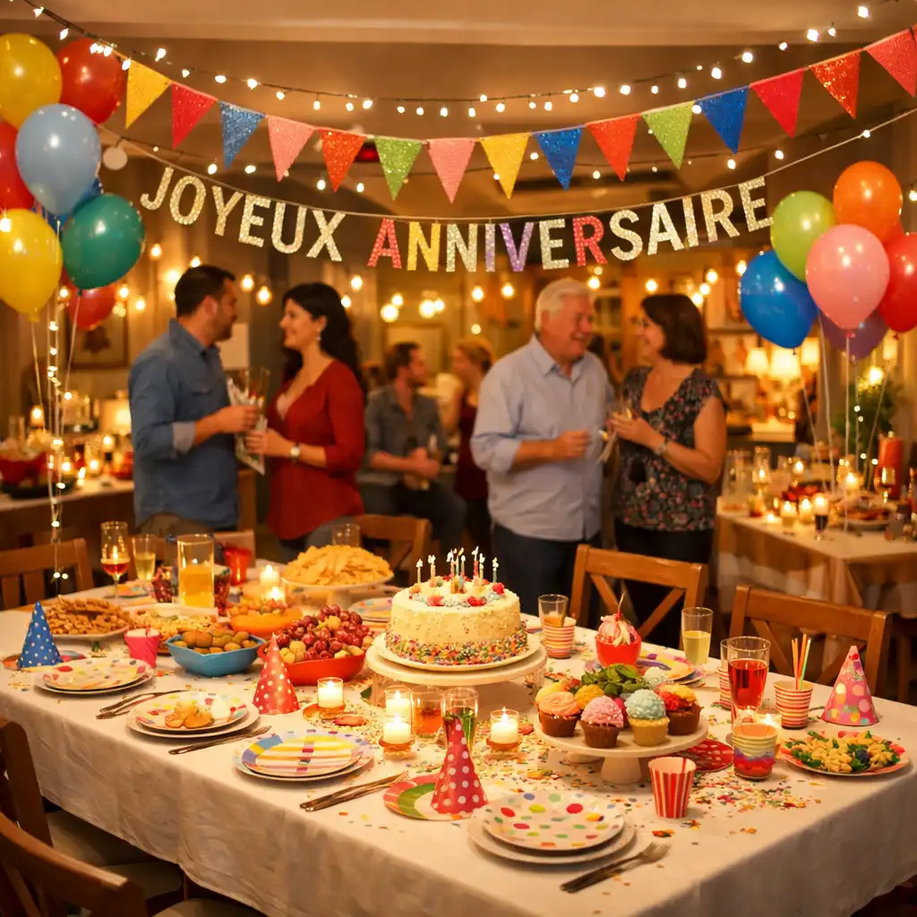 Salle de fête décorée pour un anniversaire avec ballons colorés et table dressée