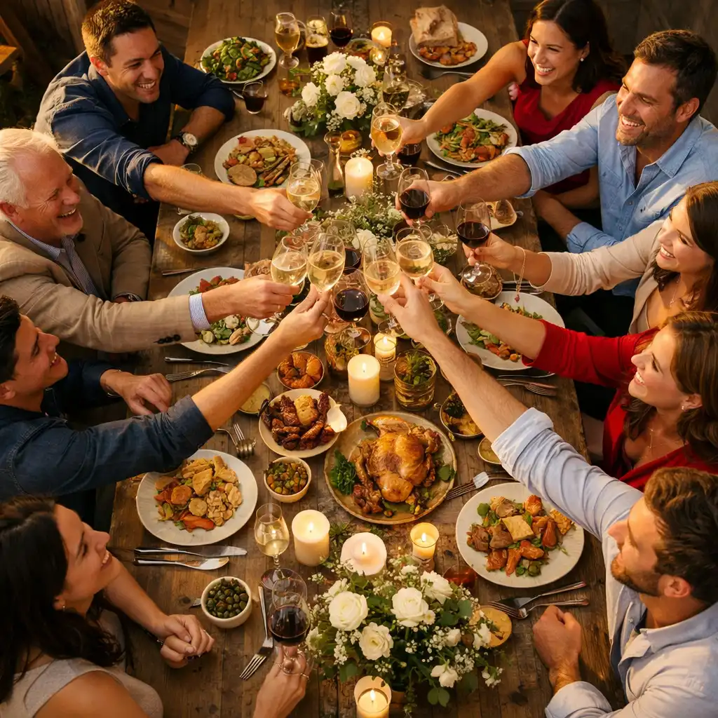 Grande table de fête vue de dessus avec des convives riant et trinquant, décorations florales et lumière dorée