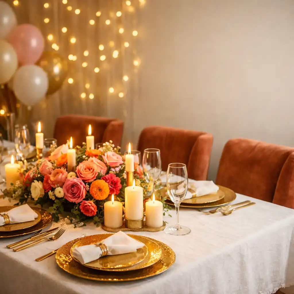 Table d'anniversaire élégamment décorée avec nappe blanche, centre floral, bougies et chaises en velours terracotta