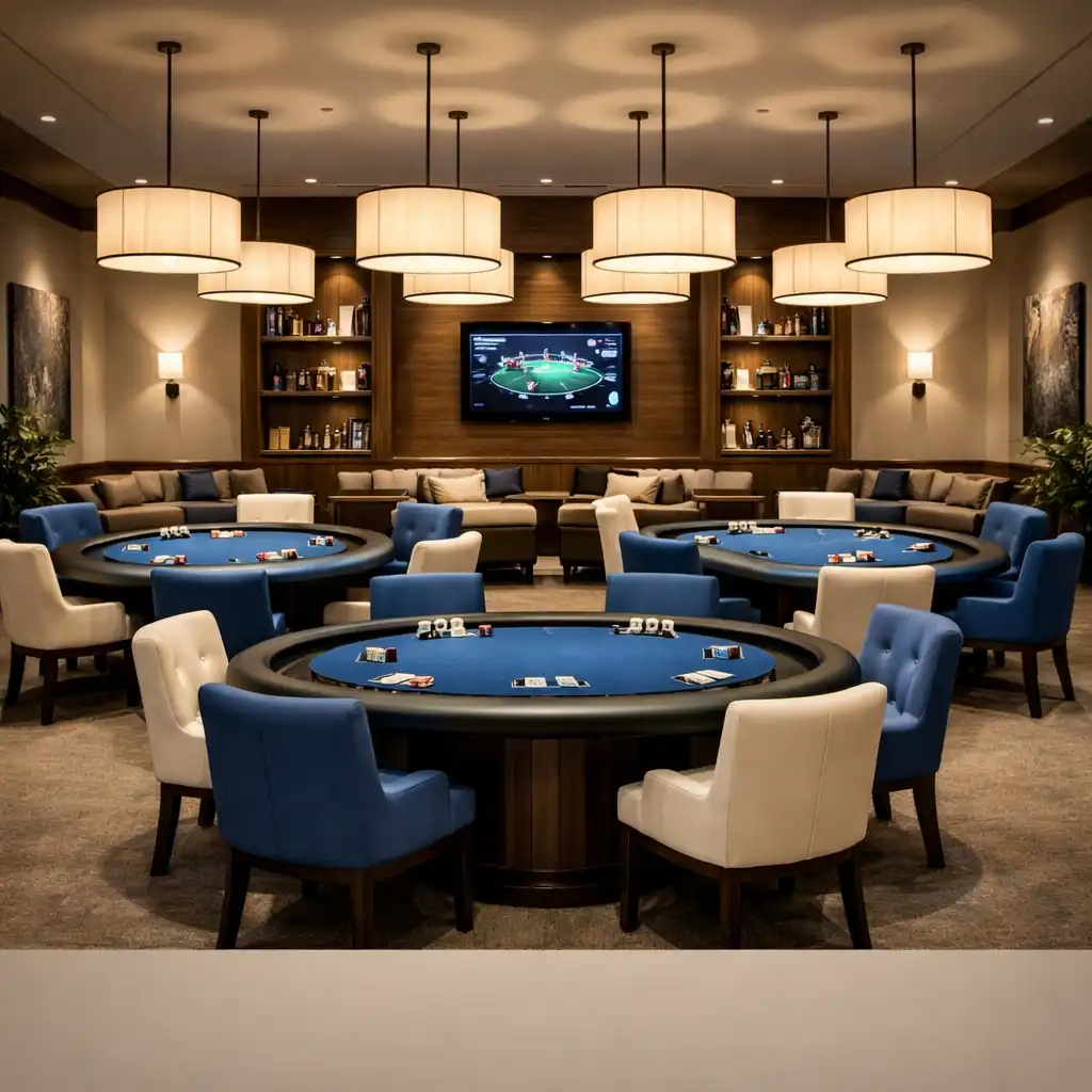 Vue d'ensemble du Card Lounge avec plusieurs tables de poker rondes et un éclairage suspendu bas