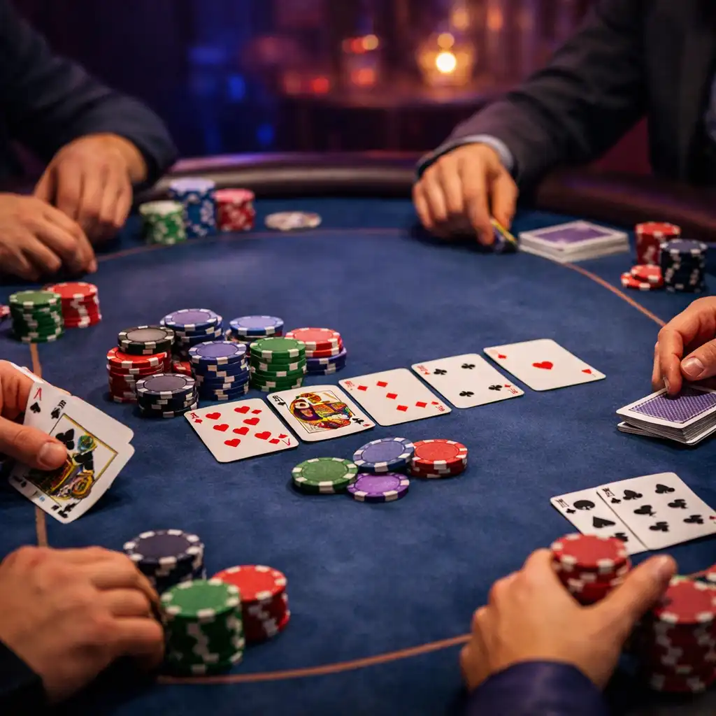 Table de poker professionnelle avec cartes et jetons dans un lounge élégant