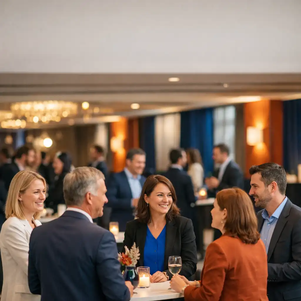 Professionnels en tenue business discutant autour de tables hautes lors d'un événement corporate à Deauville