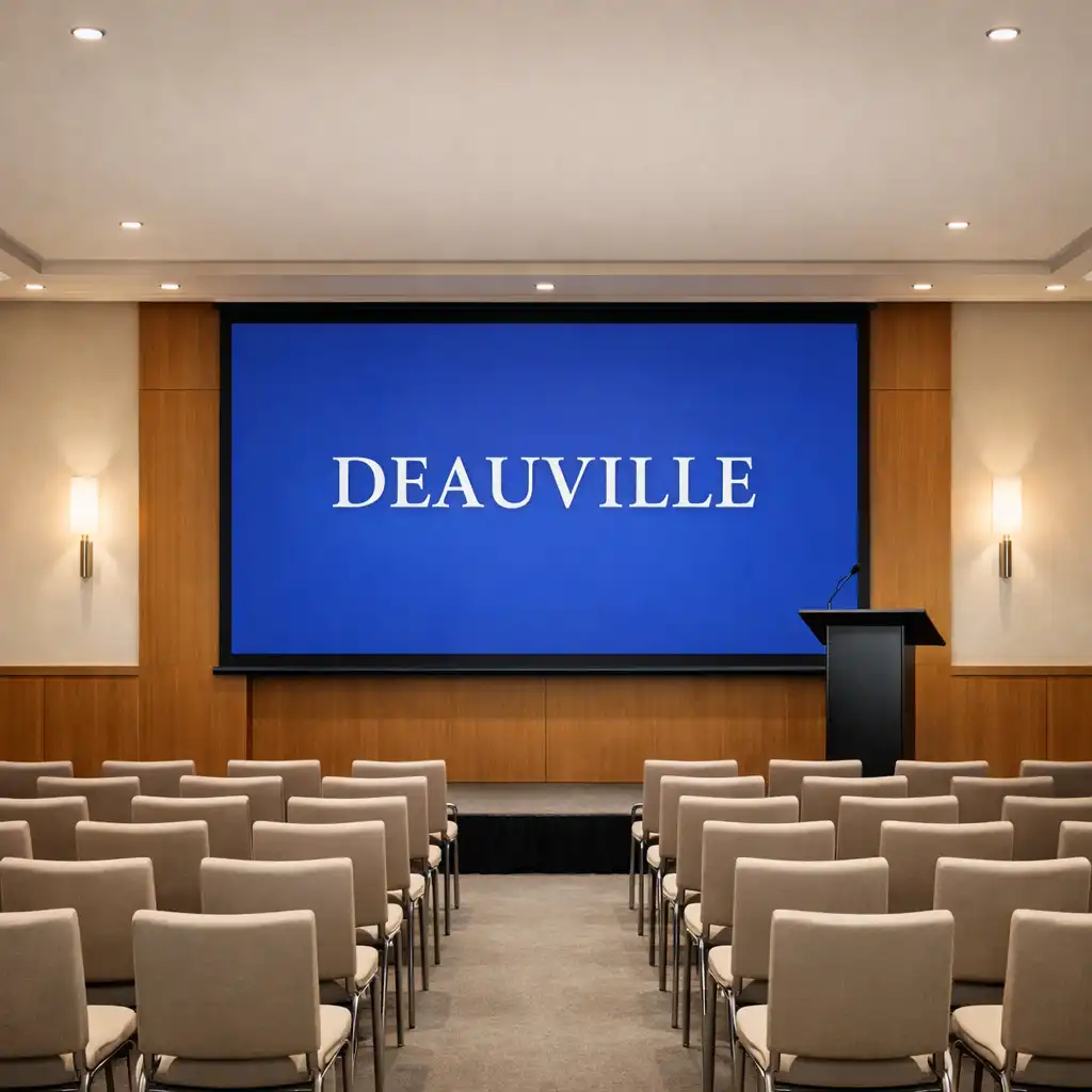 Salle de présentation moderne avec chaises alignées face à un écran et un pupitre