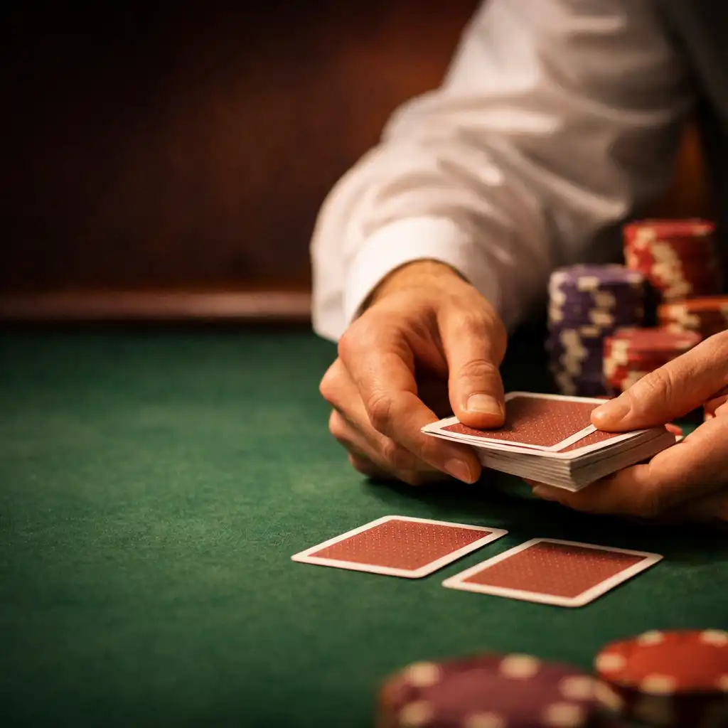 Croupier professionnel distribuant des cartes sur une table de poker