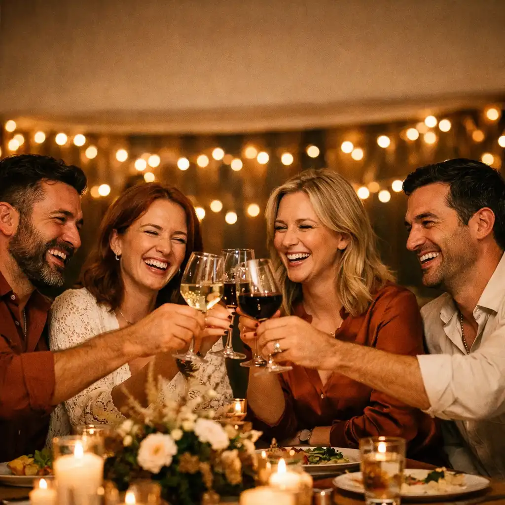 Groupe d'amis riant et trinquant autour d'une table lors d'un événement privé chaleureux