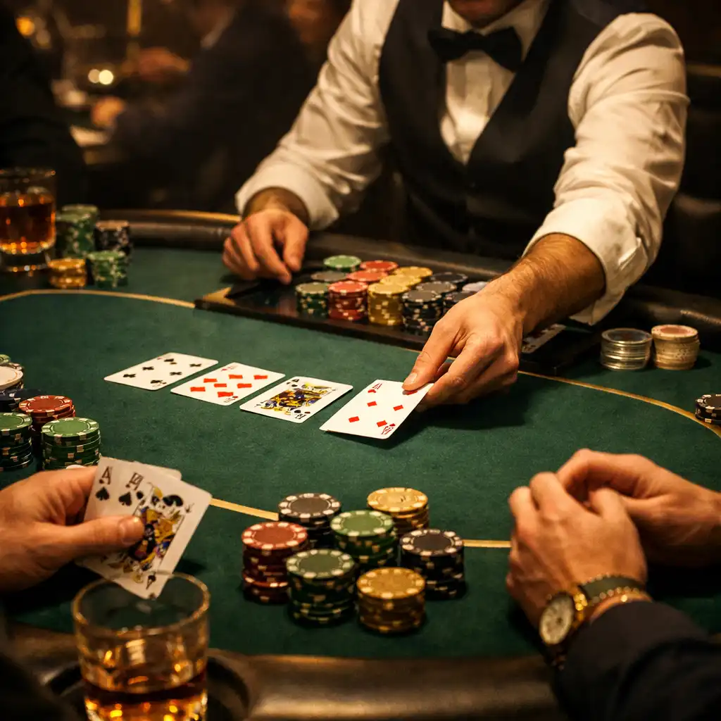 Table de poker professionnelle avec cartes, jetons et croupier dans un espace feutré