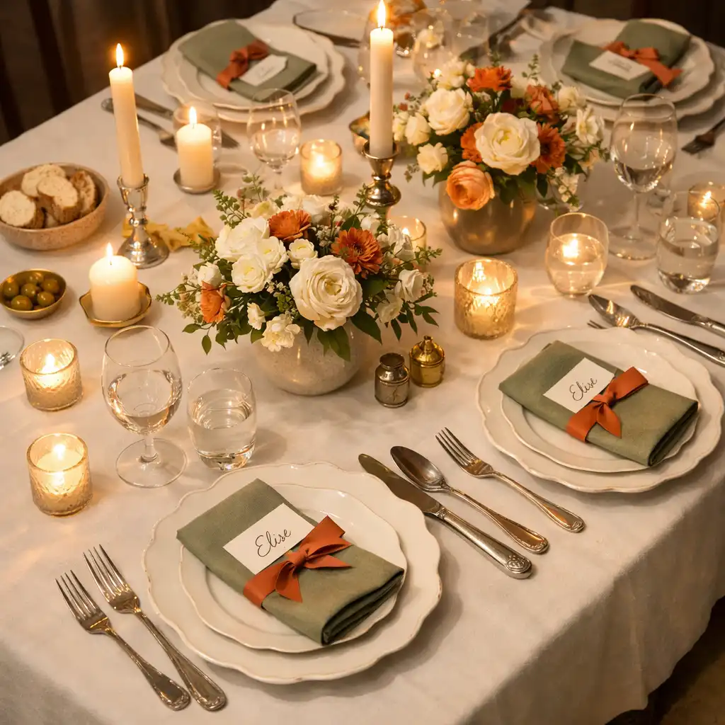 Table de dîner privé élégamment dressée avec bougies et fleurs fraîches