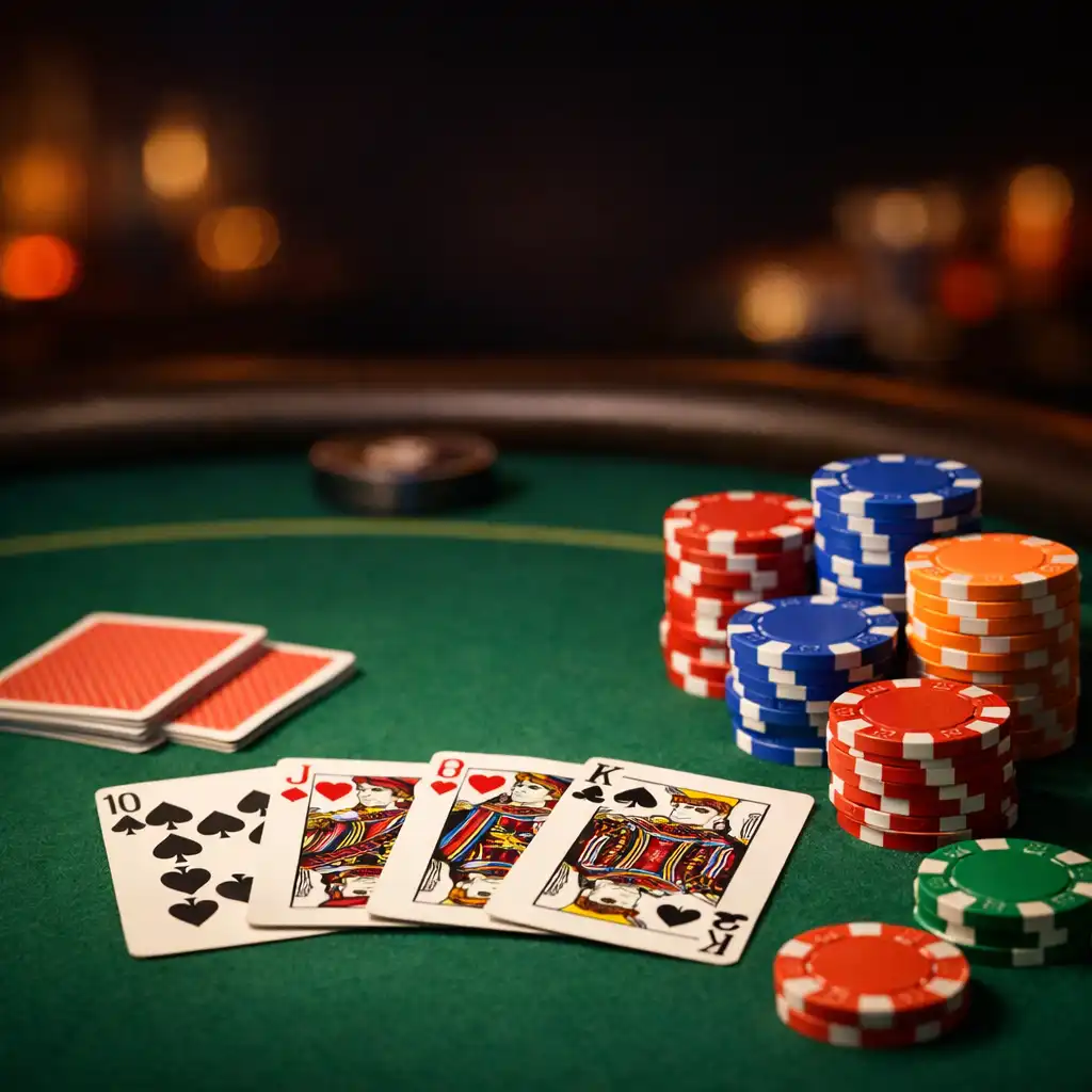 Table de poker professionnelle avec cartes et jetons colorés dans une ambiance tamisée