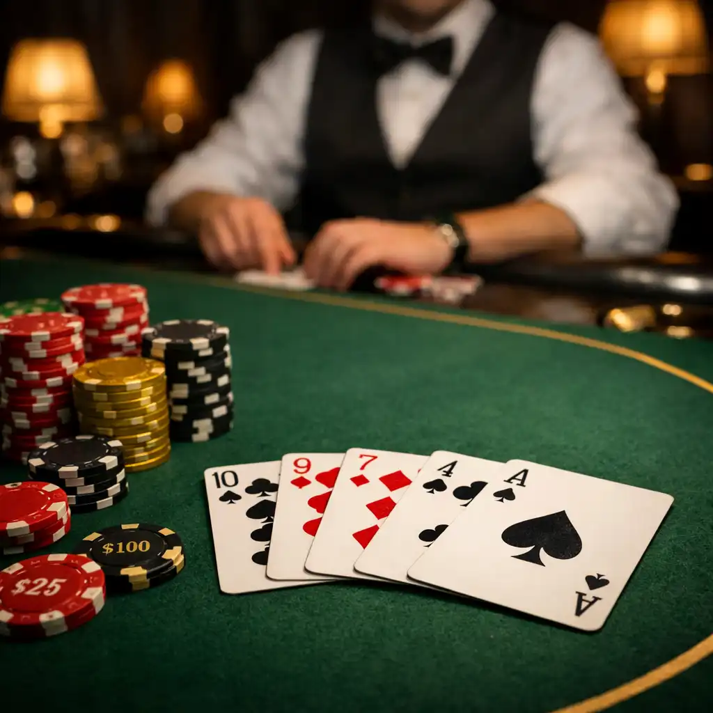 Table de poker professionnelle en feutre vert avec cartes et jetons, éclairage tamisé