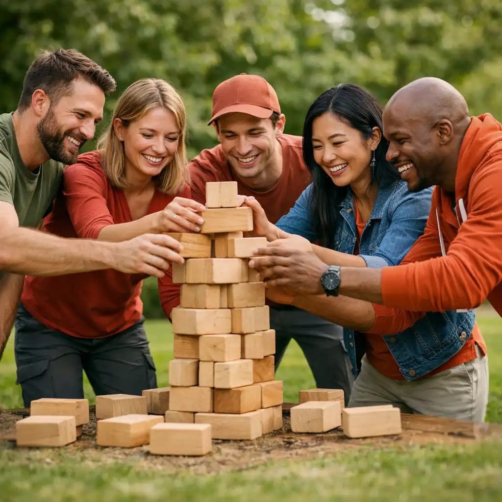 Activité de team building en extérieur avec des blocs en bois