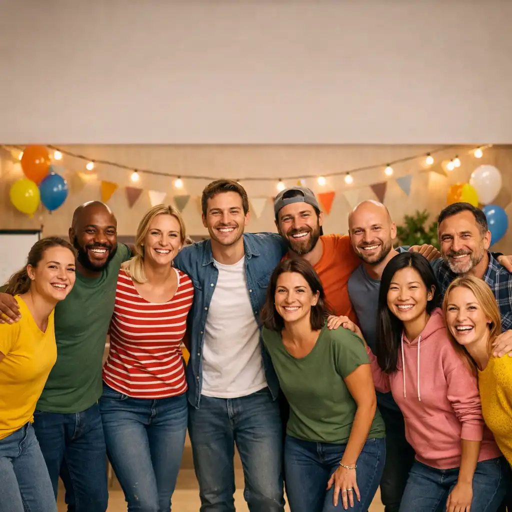 Groupe d'employés posant ensemble après un team building réussi