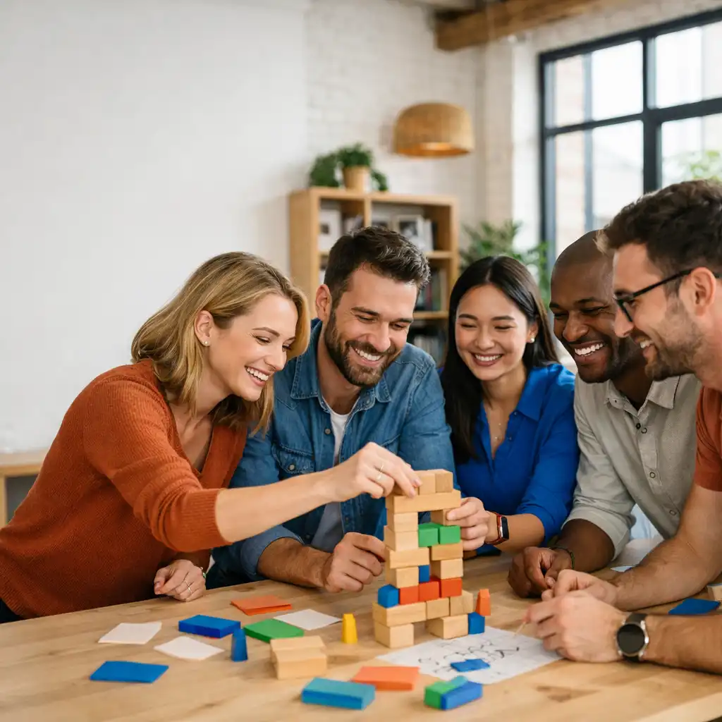 Groupe de collègues participant à un team building dans un espace moderne et lumineux